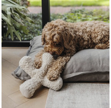 Un chien allongé sur un coussin gris pour chien, jouant avec un jouet en peluche de couleur claire.