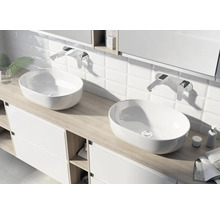 Modernes Badezimmer mit zwei ovalen Aufsatzwaschbecken aus weißer Keramik auf einem hellen Waschtischunterschrank mit Wandarmaturen.
