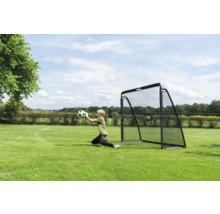 Un enfant attrape un ballon de football devant un but de foot noir sur une pelouse verte dans un jardin clair et ensoleillé.