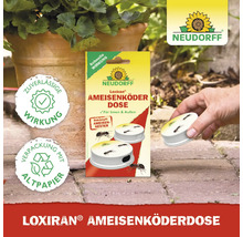 Neudorff Loxiran Ameisenköderdose für innen und außen, Anwendung auf Steinboden, Neudorff Logo, Siegel für zuverlässige Wirkung und Altpapier.