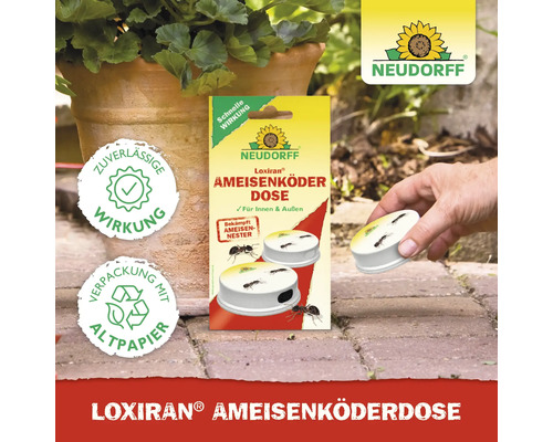 Neudorff Loxiran Ameisenköderdose für innen und außen, Anwendung auf Steinboden, Neudorff Logo, Siegel für zuverlässige Wirkung und Altpapier.