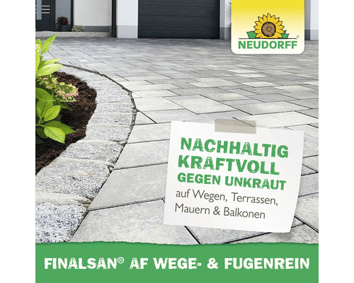 Terrasse pavée avec massif de fleurs, logo Neudorff et texte sur Finalsan AF Nettoyant allées et joints contre les mauvaises herbes.