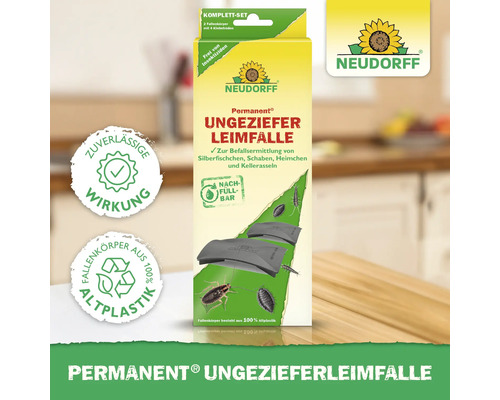 Neudorff Permanent Ungeziefer Leimfalle Komplett-Set, insektizidfrei, Gehäuse aus 100 Prozent Altplastik, nachfüllbar. Neudorff Logo.