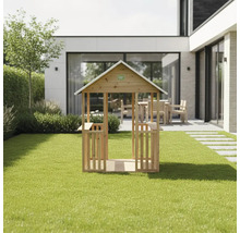Offenes EXIT Toys Spielhaus aus Holz für Kinder mit Satteldach und Geländer auf einer Rasenfläche in einem modernen Garten.