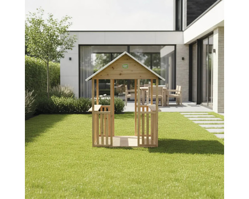 Offenes EXIT Toys Spielhaus aus Holz für Kinder mit Satteldach und Geländer auf einer Rasenfläche in einem modernen Garten.