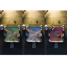 Trois vues de dessus d'un spa carré sur une terrasse en bois la nuit avec un éclairage vert, bleu et rouge et des personnes dans l'eau.