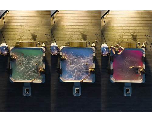 Trois vues de dessus d'un spa carré sur une terrasse en bois la nuit avec un éclairage vert, bleu et rouge et des personnes dans l'eau.