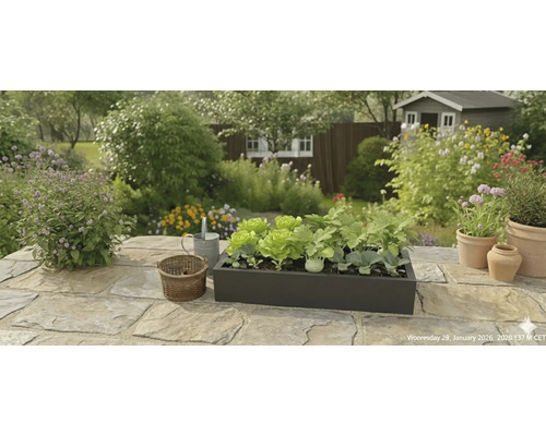 Jardinière noire avec de la salade et des légumes sur une terrasse en pierre dans un jardin lumineux avec des fleurs et un abri de jardin.