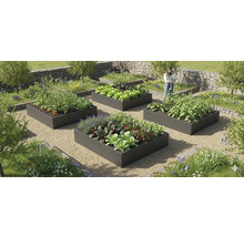 Quatre carrés potagers modernes en métal anthracite dans un jardin avec des allées en gravier, plantés de légumes et d'herbes aromatiques.