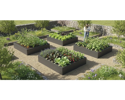 Quatre carrés potagers modernes en métal anthracite dans un jardin avec des allées en gravier, plantés de légumes et d'herbes aromatiques.