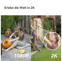Erlebe die Welt in 2K: Vergleich von 1080p- und 2K-Auflösung bei Außenszenen mit Frau beim Kürbisschnitzen und Mann bei der Gartenarbeit.