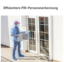 Visualisierung der Passiv-Infrarot-Personenerkennung einer Überwachungskamera mit einem Lieferanten vor einer Haustür.