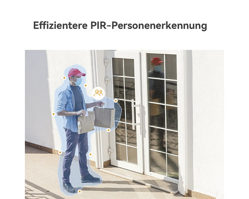 Visualisierung der Passiv-Infrarot-Personenerkennung einer Überwachungskamera mit einem Lieferanten vor einer Haustür.