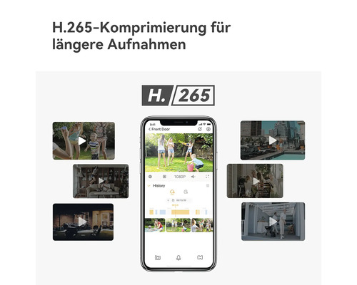 Smartphone zeigt eine Überwachungskamera App mit Videozeitleiste und Vorschauen zur Darstellung der H.265 Komprimierung für längere Aufnahmen.