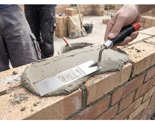 Une main étale du mortier sur un mur en briques à l'aide d'une truelle de maçon sur un chantier.