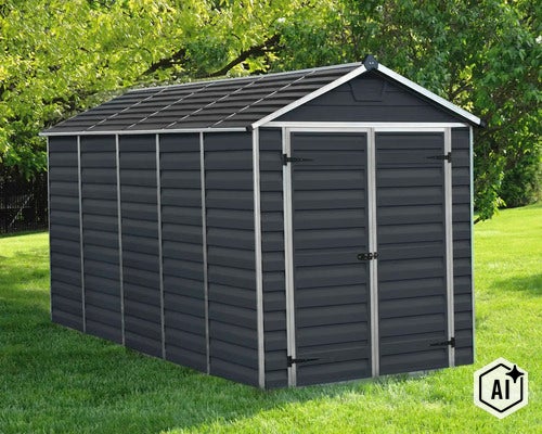 Gerätehaus aus Kunststoff mit Doppeltür und Satteldach im Garten (Image AI modified or generated)