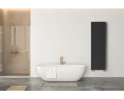 Salle de bain moderne avec radiateur vertical noir, baignoire îlot blanche et douche avec robinetterie dorée.