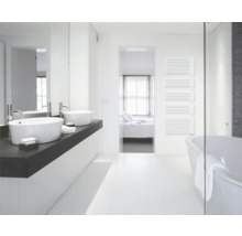 Salle de bain moderne avec deux vasques à poser, une baignoire et un radiateur sèche-serviettes blanc au mur. Design minimaliste et lumineux.