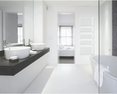 Salle de bain moderne avec deux vasques à poser, une baignoire et un radiateur sèche-serviettes blanc au mur. Design minimaliste et lumineux.