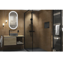 Salle de bains moderne avec meuble sous vasque en bois, vasque à poser grise, miroir LED ovale, douche à l'italienne et radiateur noir.