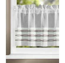 Rideau brise-bise transparent avec rayures horizontales, suspendu à une fenêtre.