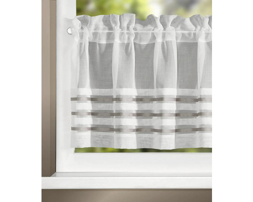 Rideau brise-bise transparent avec rayures horizontales, suspendu à une fenêtre.