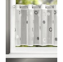Rideau brise-bise à œillets avec motif de cercles en blanc et gris pour la décoration des fenêtres.