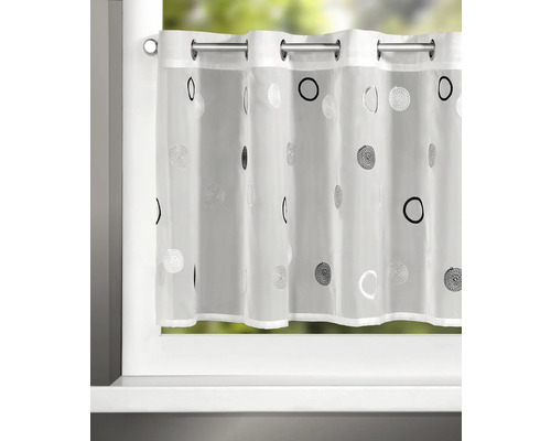 Rideau brise-bise à œillets avec motif de cercles en blanc et gris pour la décoration des fenêtres.