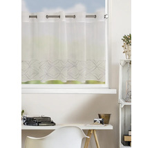 Rideau brise-bise transparent blanc avec œillets métalliques et motif géométrique au bord inférieur.