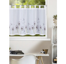 Rideau brise-bise transparent avec motif pissenlit et pattes, suspendu à une fenêtre au-dessus d un bureau.