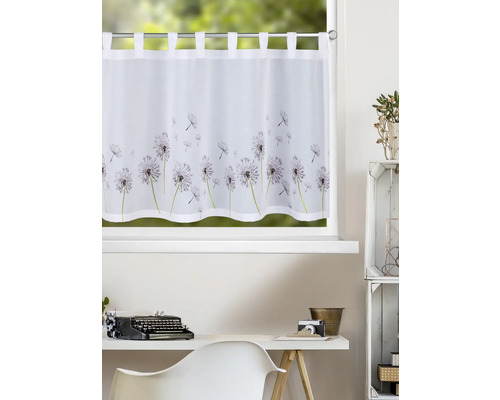 Rideau brise-bise transparent avec motif pissenlit et pattes, suspendu à une fenêtre au-dessus d un bureau.
