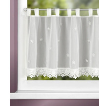 Brise-bise transparent à pattes avec broderies de fleurs et bordure en dentelle fleurie sur une fenêtre.