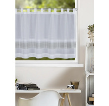 Brise-bise semi-transparent à passants avec rayures horizontales devant une fenêtre dans une pièce lumineuse avec bureau.