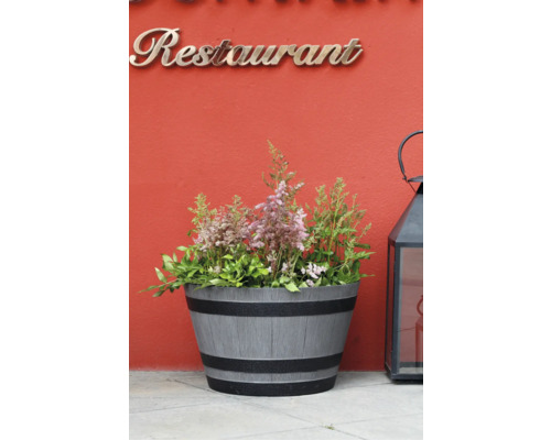 Bac à fleurs en forme de tonneau avec grain de bois et anneaux noirs, planté d astilbes roses, placé à côté d une lanterne noire.