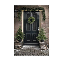 Entrée avec porte noire, décorée avec une couronne de Noël lumineuse, une guirlande et deux petits sapins artificiels en pots.