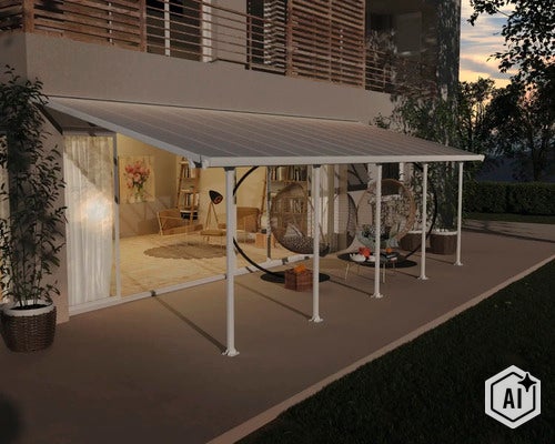 Abri de terrasse en métal avec toit en verre devant une maison avec des meubles de jardin et deux chaises suspendues sur la terrasse. (Image AI modified or generated)