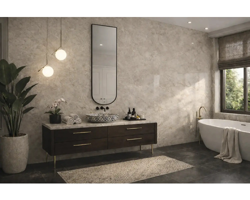 Modernes Badezimmer mit großen Wandfliesen in Marmoroptik, dunklem Waschtischunterschrank, gemustertem Aufsatzbecken, hohem Spiegel und Badewanne.