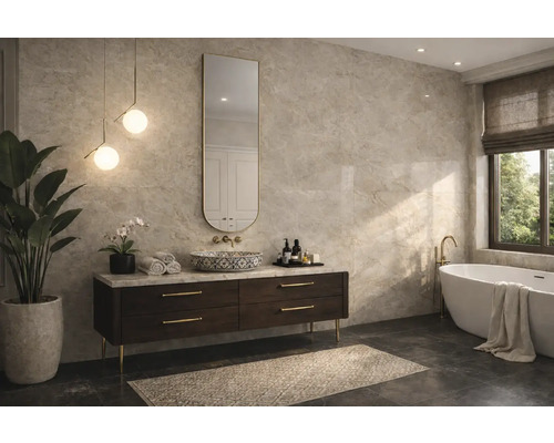 Salle de bain moderne avec carrelage mural aspect marbre, meuble sous-vasque sombre, vasque à poser, miroir ovale et baignoire en îlot.