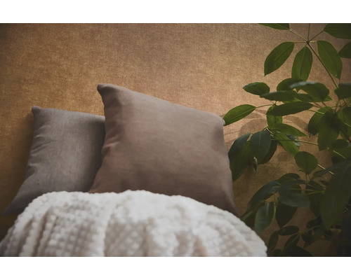 Deux coussins décoratifs et une couverture texturée devant un papier peint à motifs à côté d'une plante d'intérieur.