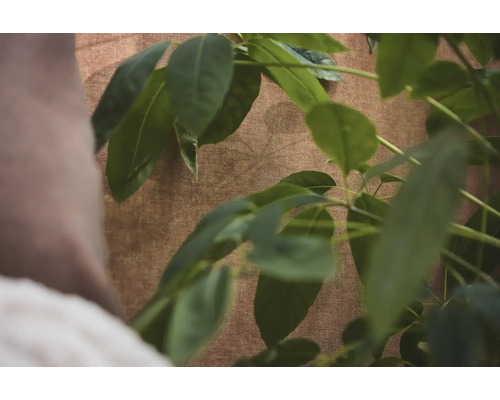 Papier peint structuré avec un aspect textile marron et des feuilles de plantes vertes au premier plan