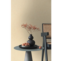 Papier peint intissé beige à texture fine dans une pièce minimaliste avec table d'appoint, vase noir et chaise en rotin.