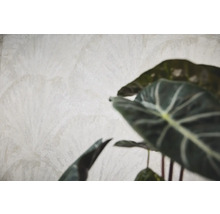 Papier peint intissé structuré avec motif discret de feuilles de palmier en beige et plante verte au premier plan.