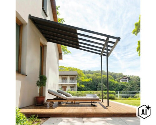 Couverture de terrasse moderne en métal fixée à un mur de maison avec transat sur une terrasse en bois dans le jardin. (Image AI modified or generated)