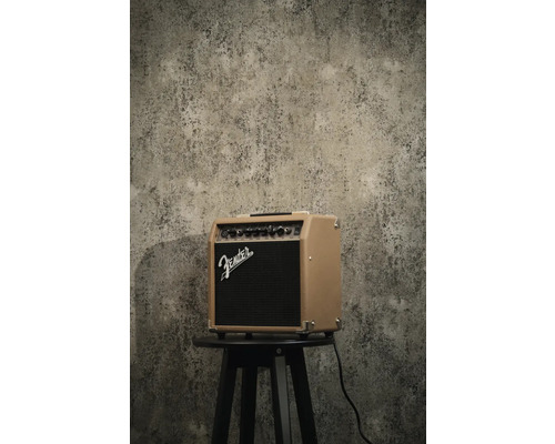 Amplificateur acoustique Fender sur un tabouret devant un mur texturé.