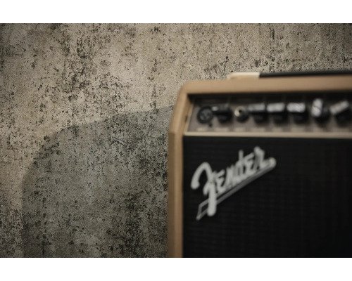 Logo Fender sur un amplificateur de guitare devant un mur à l aspect béton texturé.