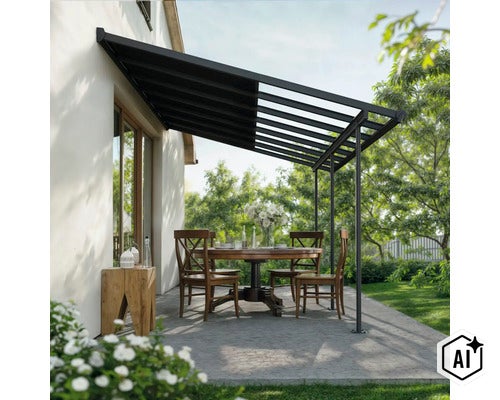 Auvent de terrasse avec toit fixe et store intégré devant une façade de maison avec table à manger sur la terrasse dans le jardin. (Image AI modified or generated)