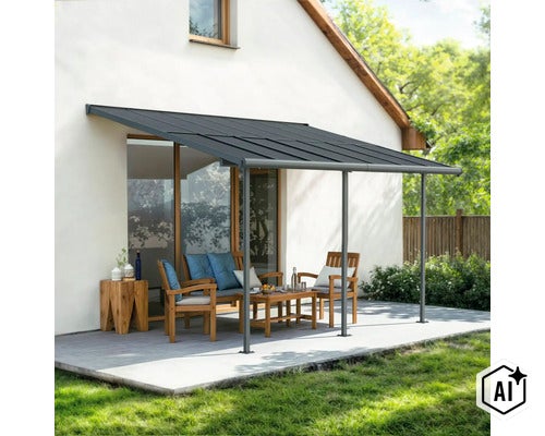 Terrassenüberdachung mit Aluminiumrahmen und modernem Pultdach vor einem Wohnhaus mit einer Sitzgruppe aus Holzmöbeln auf der Terrasse. (Image AI modified or generated)