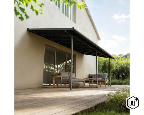 Couverture de terrasse en métal installée contre une façade avec des meubles de jardin sur une terrasse en bois. (Image AI modified or generated)