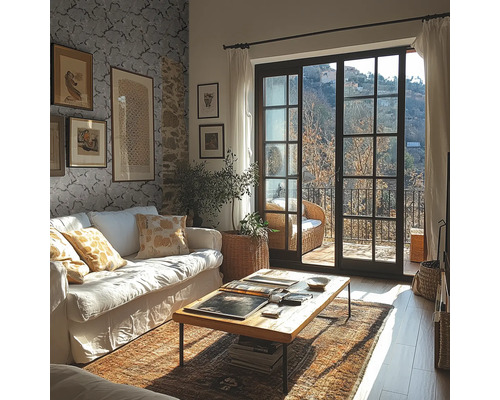 Salon lumineux avec canapé blanc, table basse en bois et grande baie vitrée ouvrant sur un balcon avec vue sur la nature.