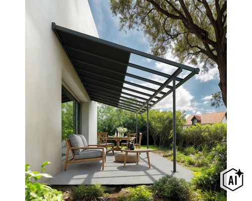 Couverture de terrasse combinant un toit fixe et un toit en verre, montée sur un mur de maison au-dessus d une terrasse avec salon de jardin. (Image AI modified or generated)